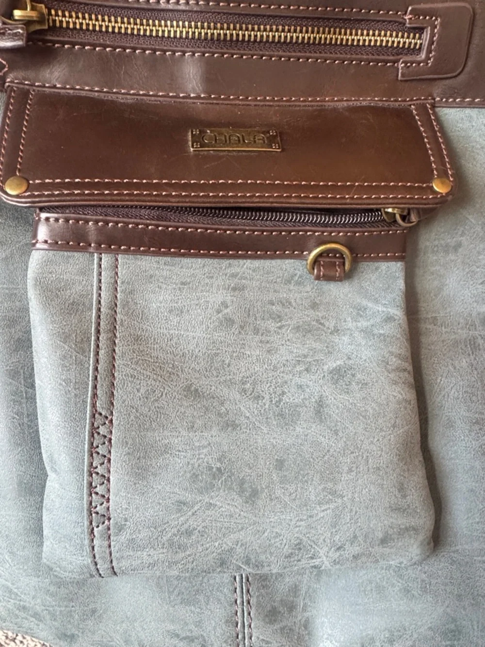 Chala Blue Brown Vegan Leather Crossbody Bag Multi Pocket Boho Purse